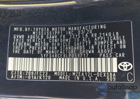 2020 Toyota Corolla Se z USA, uszkodzony, nr VIN 5YFS4RCE8LP051717